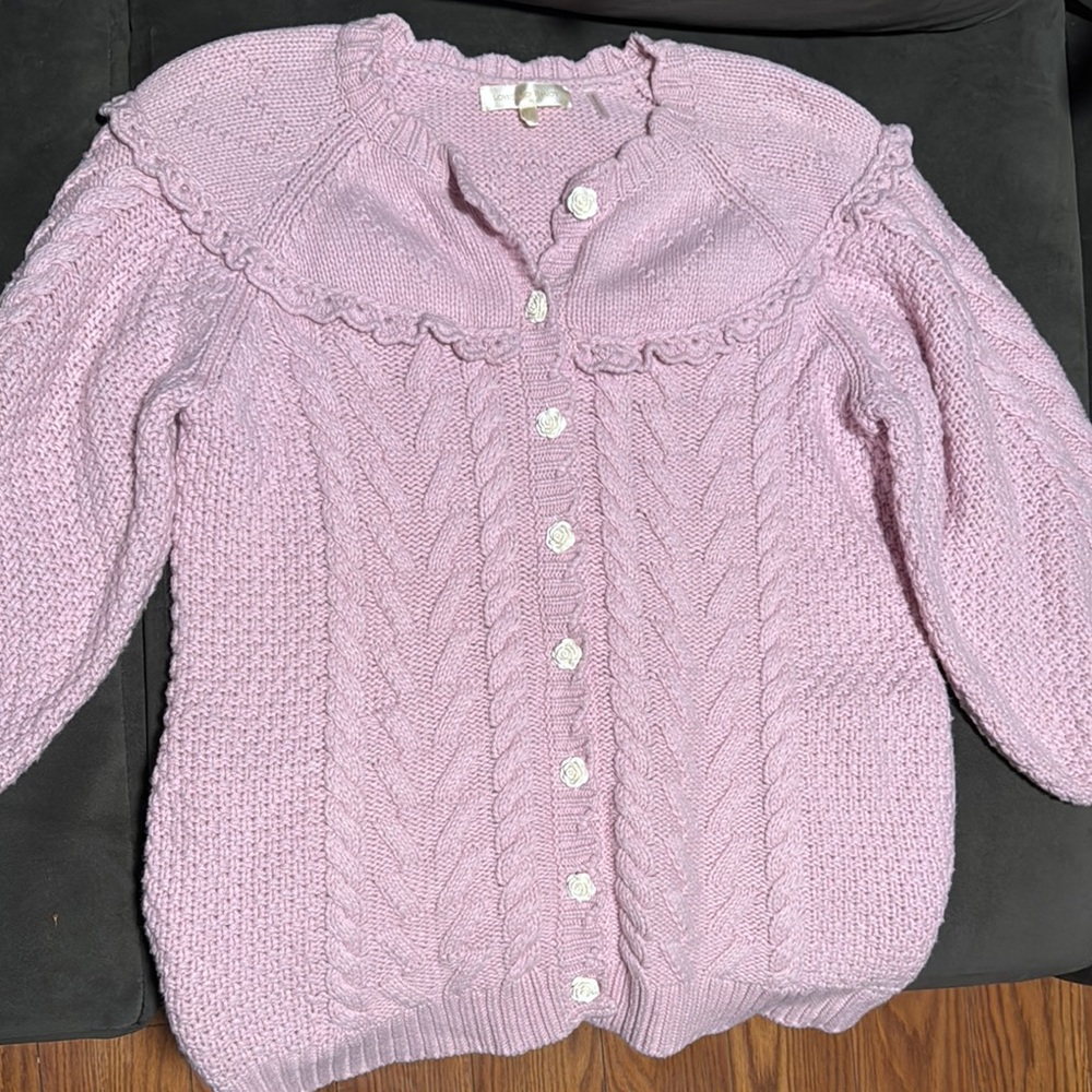 LoveShackFancy Pink Cable Knit Cardigan Sweater